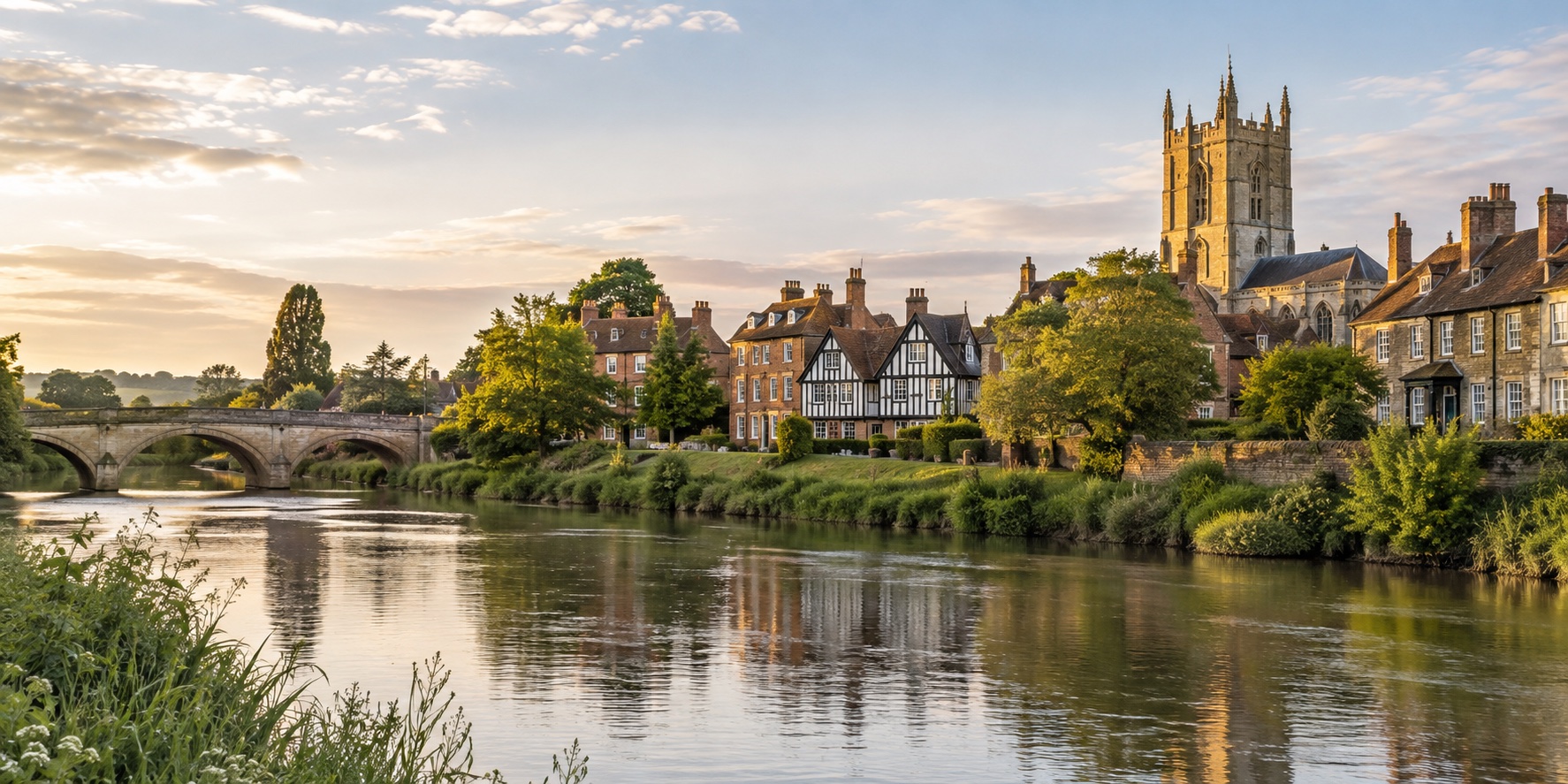 Historic Tewkesbury riverside townscape